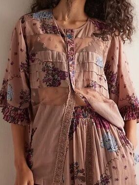 Floral Blush Pink Cotton Lounge Top with Lace Trim